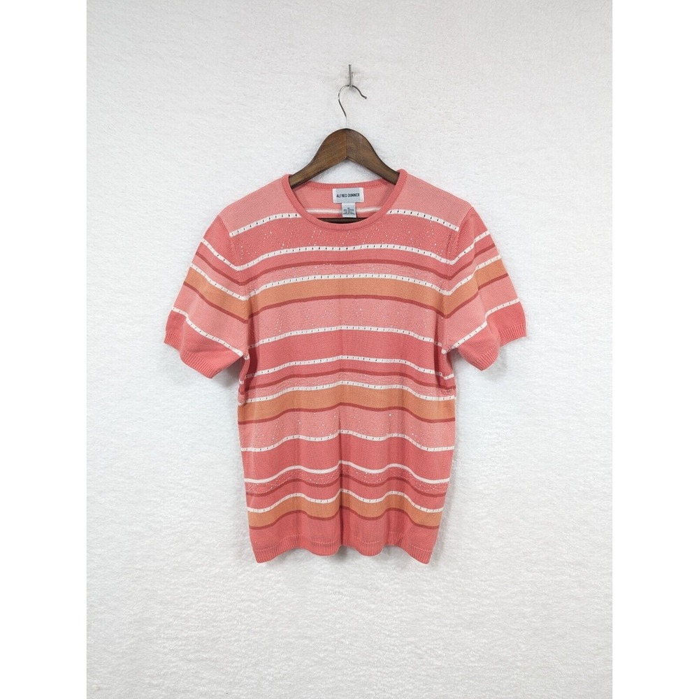 Alfred Dunner Pink Short Sleeve Striped Acrylic Blend Knit Embellished Sweater M